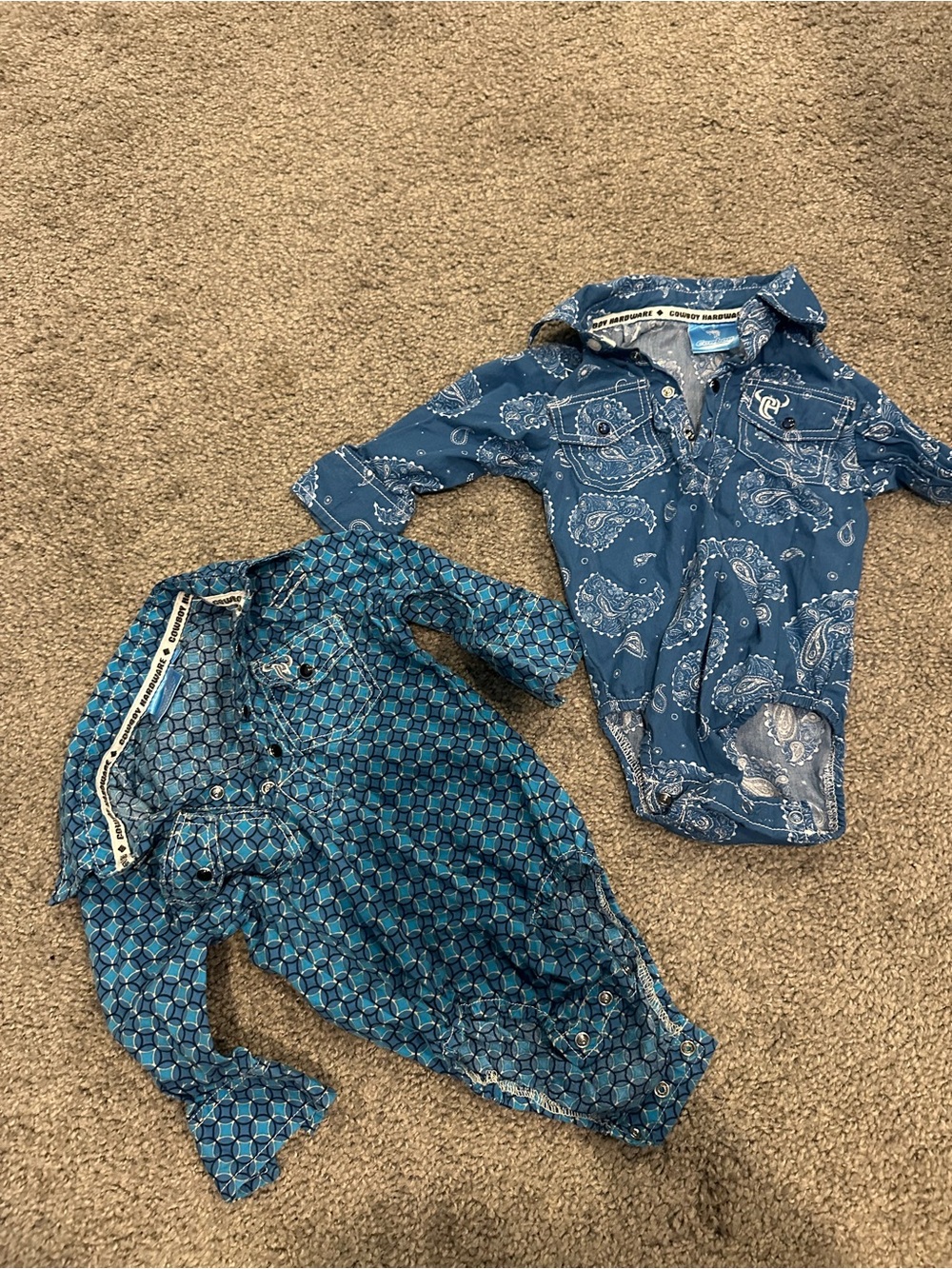 Blue Patterned Baby WESTERN SHIRT stye Bodysuits - Paisley & Geometric Prints 6m